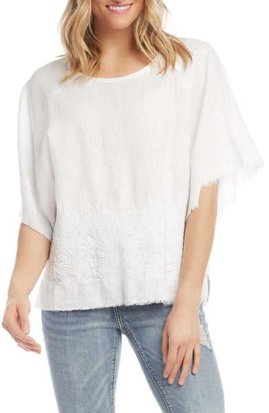 Karen Kane Linen Embroidered Fringe-Sleeve Top, Size Small