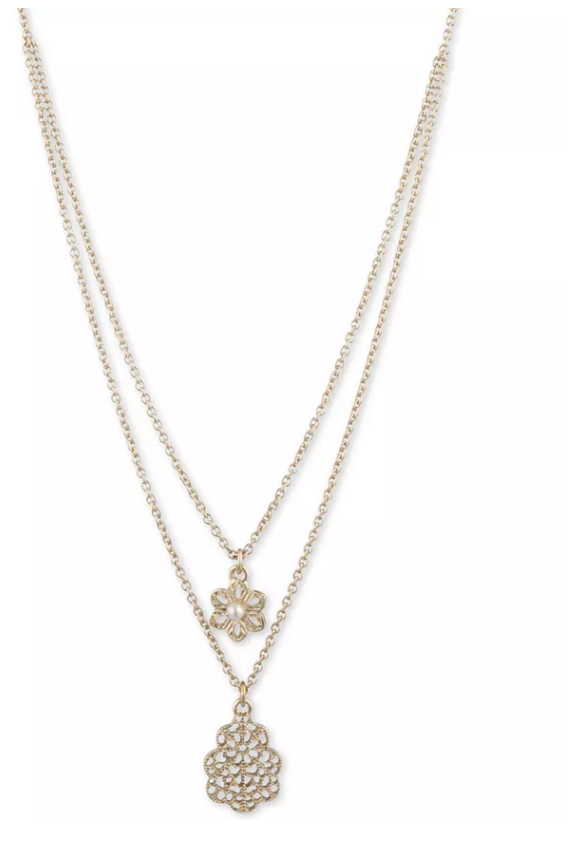Marchesa Gold-Tone Imitation Pearl and Openwork Flower Layered Pendant Necklace