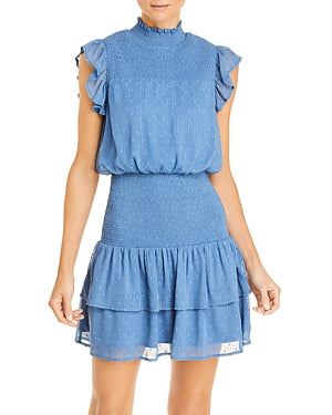 Aqua Ruffle Short Sleeve Smocked Mini Dress, Blue, Size Small