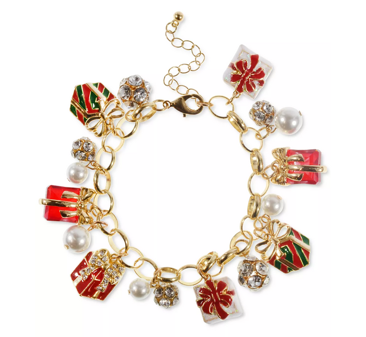 Holiday Lane Gold-Tone Crystal, Bead and Imitation Pearl Gift Charm Bracelet