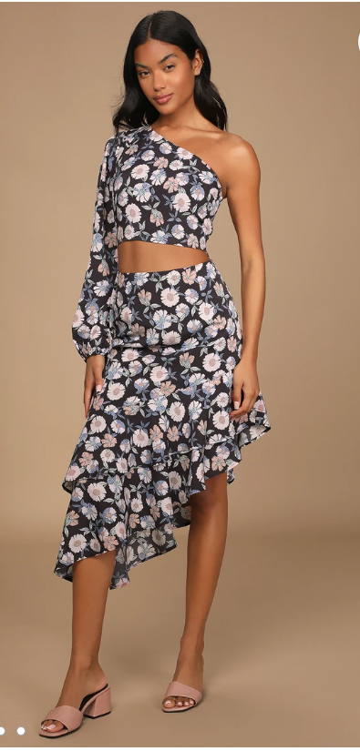 Lulus Boundless Beauty Black Floral Print Asymmetrical Midi Skirt, Size Medium