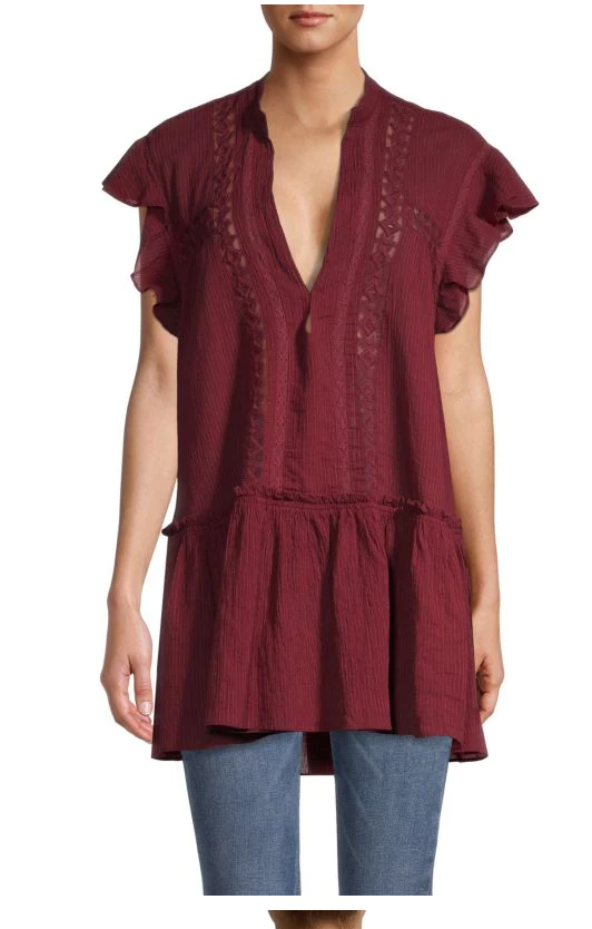 Free People Women’s Baby Blues Lace-Trim Tunic – Red – Size Xs