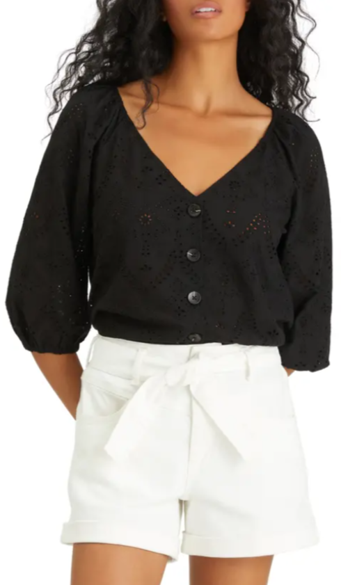 Sanctuary Cotton Modern Eyelet Top, XXS/Black