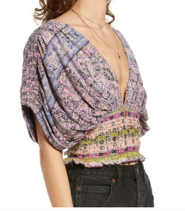 Free People Womens Smocked Elastic V-Neck Blouse, Size Small