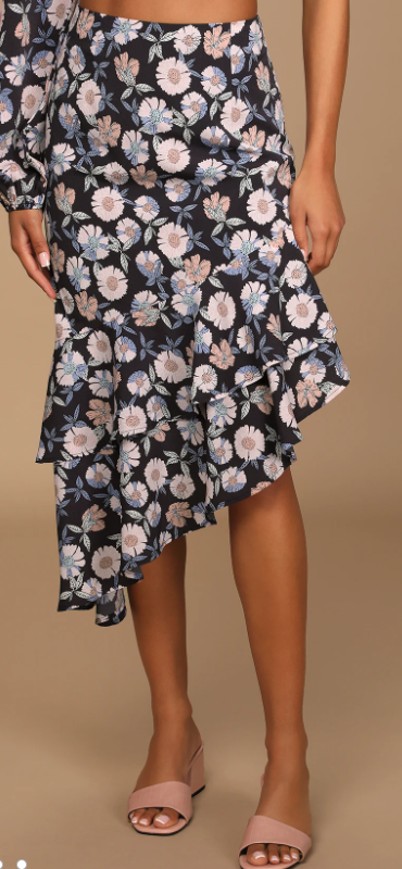 Lulus Boundless Beauty Black Floral Print Asymmetrical Midi Skirt, Size Medium