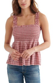 Lucky Brand Cotton Gingham-Print Smocked Tank Top, Size Small