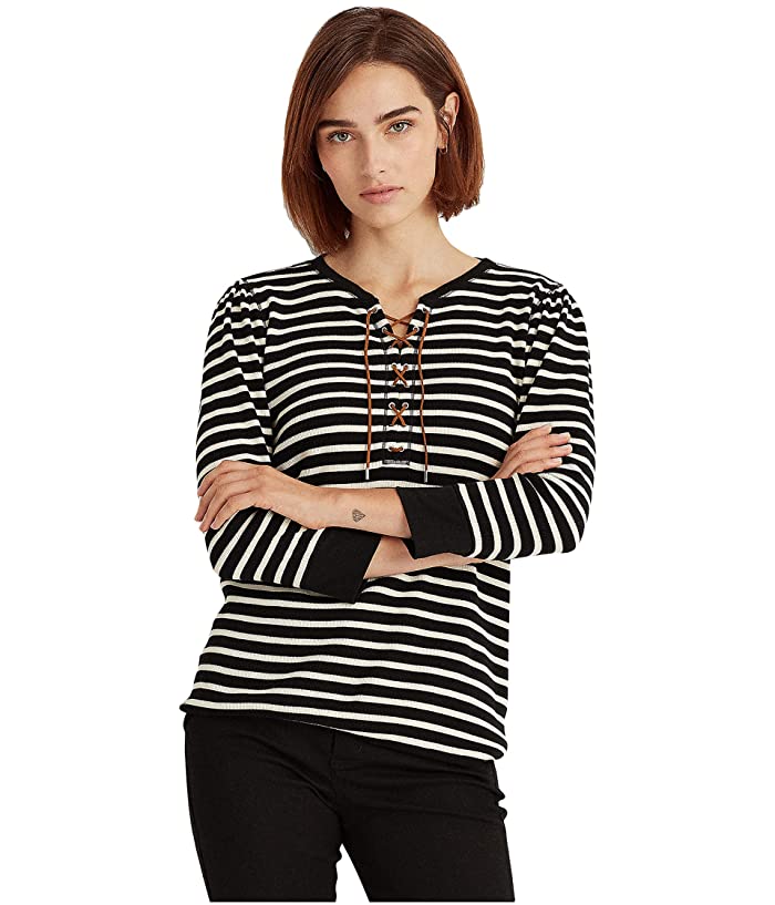 Lauren Ralph Lauren Striped Waffle-Knit Drawcord Top – Polo Black, Size XL