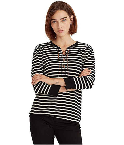 Lauren Ralph Lauren Striped Waffle-Knit Drawcord Top – Polo Black, Size XL