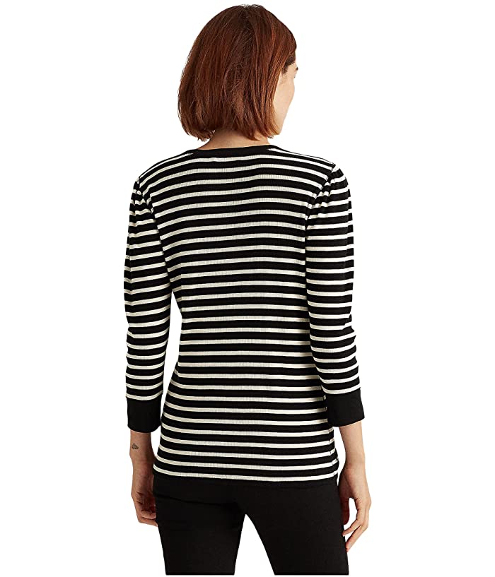 Lauren Ralph Lauren Striped Waffle-Knit Drawcord Top – Polo Black, Size XL