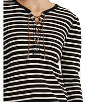 Lauren Ralph Lauren Striped Waffle-Knit Drawcord Top – Polo Black, Size XL