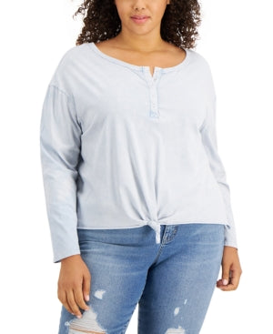 Rebellious One Womens Light Blue Stretch Long Sleeve Boat Neck Top Plus 2X