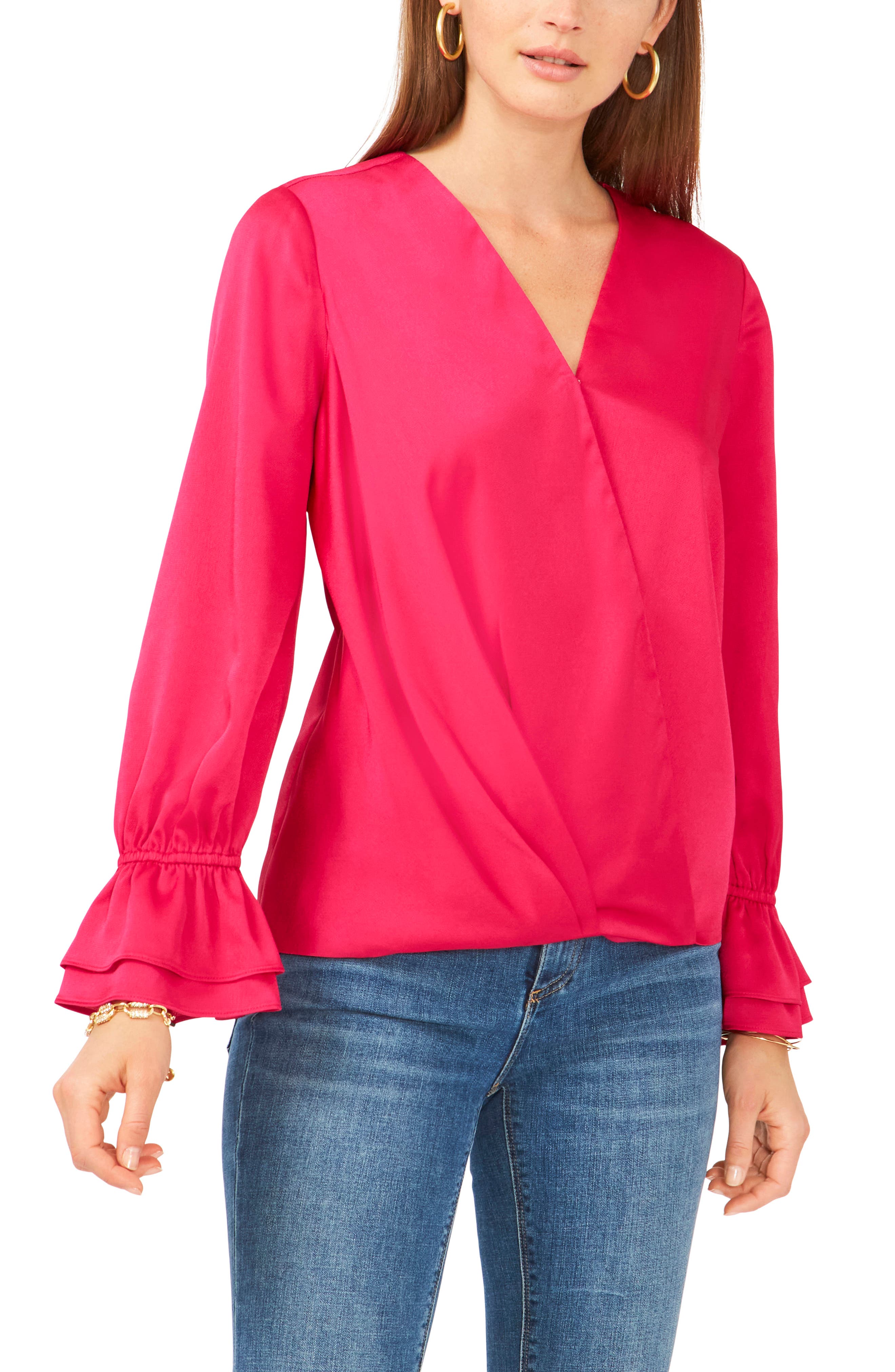 Vince Camuto Solid Surplice Ruffled-Cuff Top