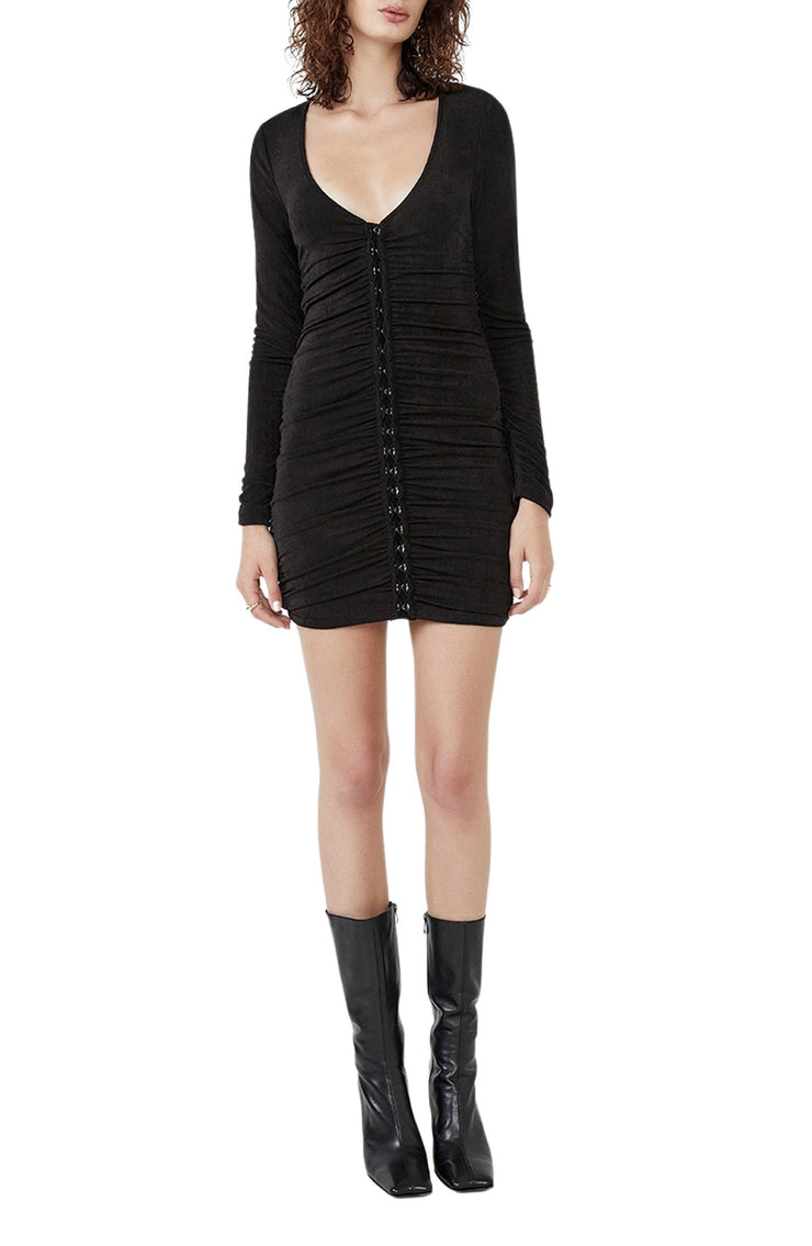 Bardot Demi Ruched Long Sleeve Minidress in Black, Size X-Large