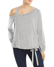 Single Thread Womens Grommet Cold Shoulder Pullover Top Gray, Small