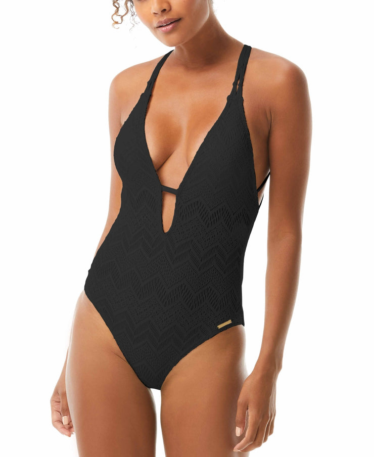 Vince Camuto Crochet Plunging V-Neck One-Piece Swimsuit