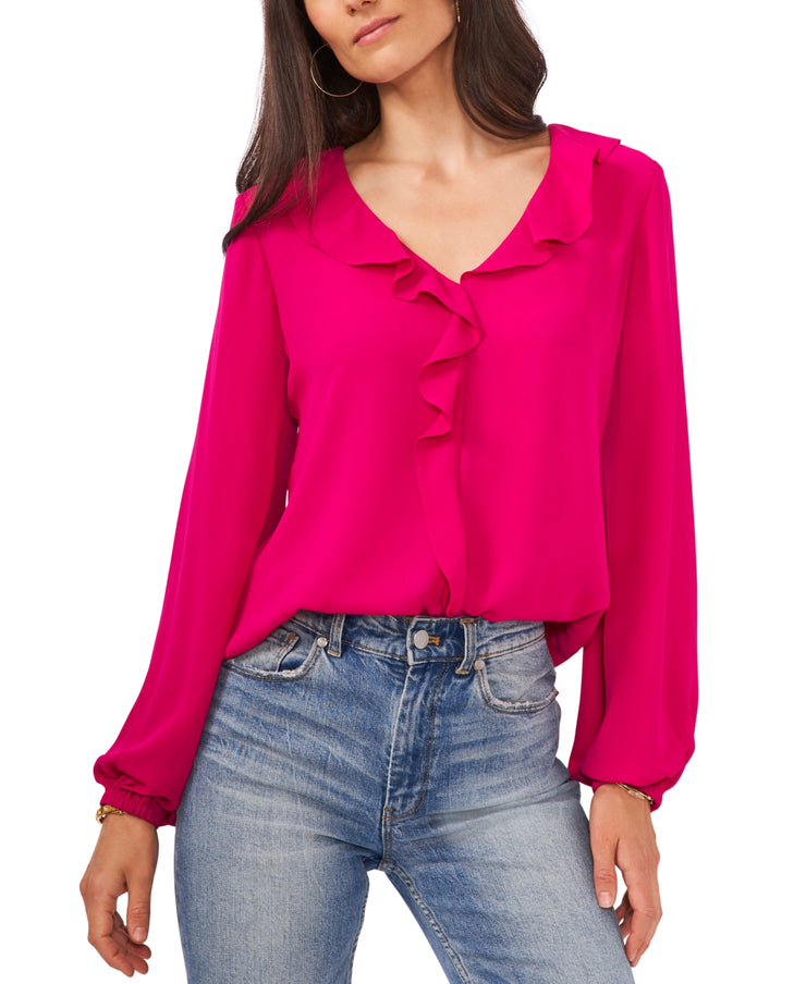 Vince Camuto Ruffle Neck Long Sleeve Georgette Blouse in Autumn Fuchsia