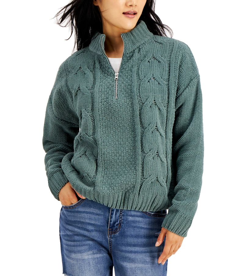 Hooked Up by IoT Juniors Chenille Cable-Knit Sweater – Green, Size Large