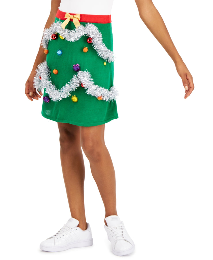 Planet Gold Juniors Holiday Tree Knit Mini Skirt – Green, Size XL