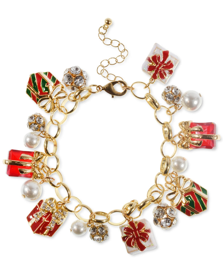 Holiday Lane Gold-Tone Crystal, Bead and Imitation Pearl Gift Charm Bracelet