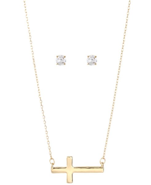 Alfani Gold-Tone Cross Pendant Necklace and Cubic Zirconia Stud Earrings Set