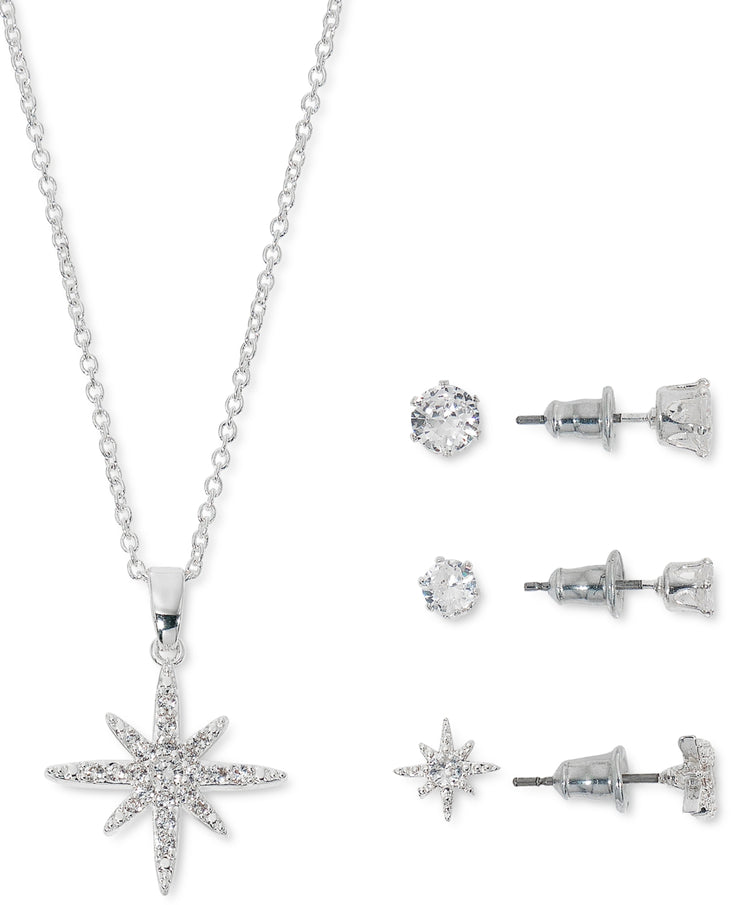 Macys Cubic Zirconia Starburst Pendant Necklace and 3-PC. Stud Earrings Set