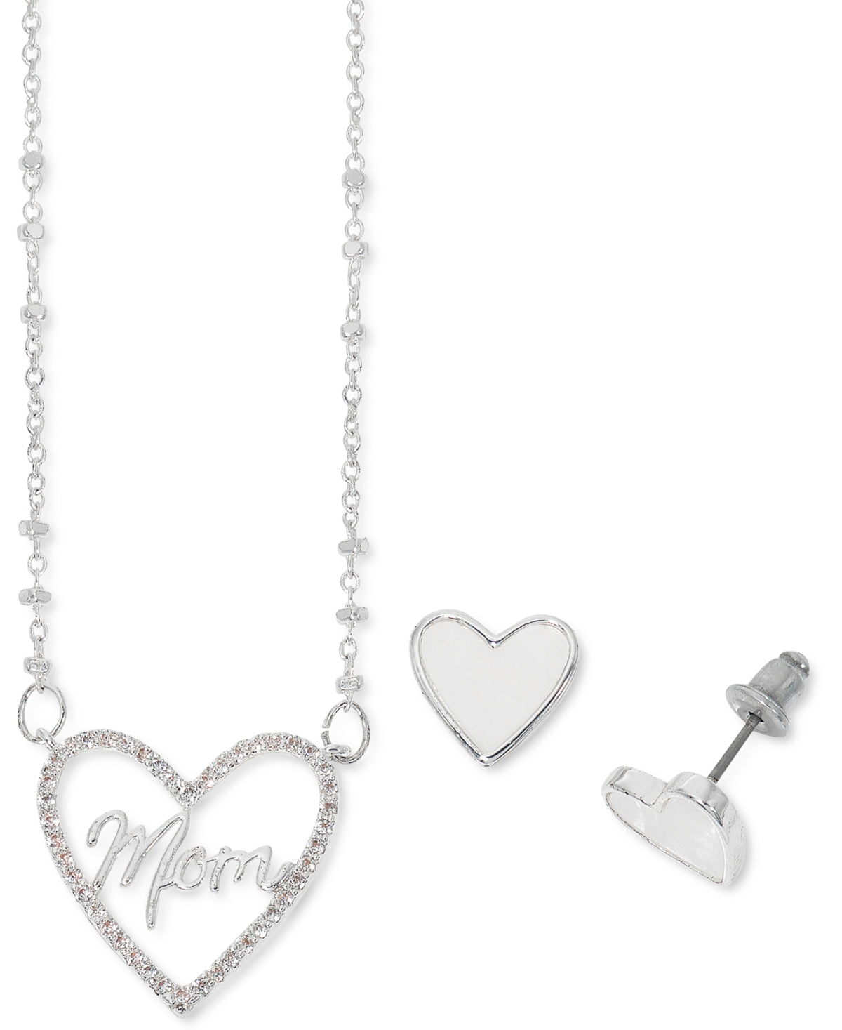 Macys Cubic Zirconia Mom Heart Pendant Necklace and Mother-of-Pearl Earrings