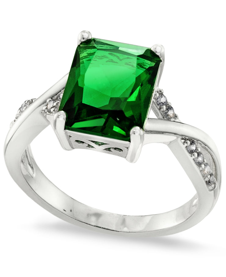 Charter Club Silver Plated Pave and Green Emerald-Cut Crystal Twist Ring, Size 8