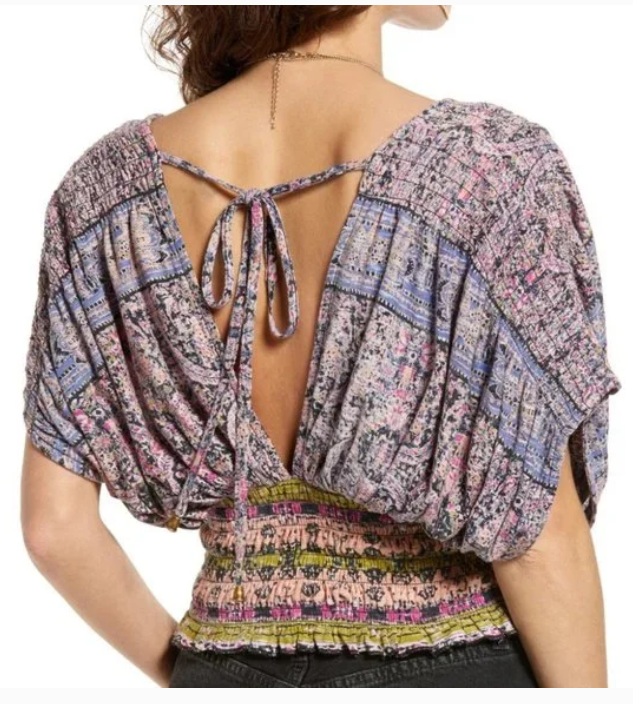 Free People Womens Smocked Elastic V-Neck Blouse, Size Small