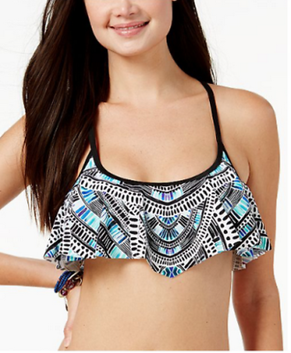 California Waves Juniors Sea Glass Strappy-Back Flounced Bikini Top