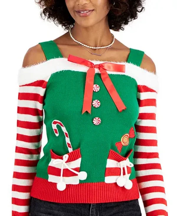 Planet Gold Juniors Cold-Shoulder Holiday Sweater