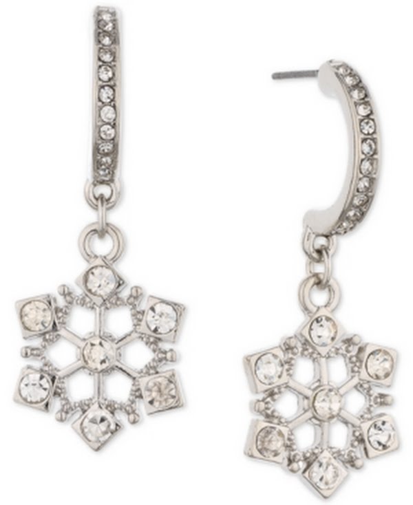 Holiday Lane Silver-Tone Pave Snowflake Charm J-Hoop Earrings