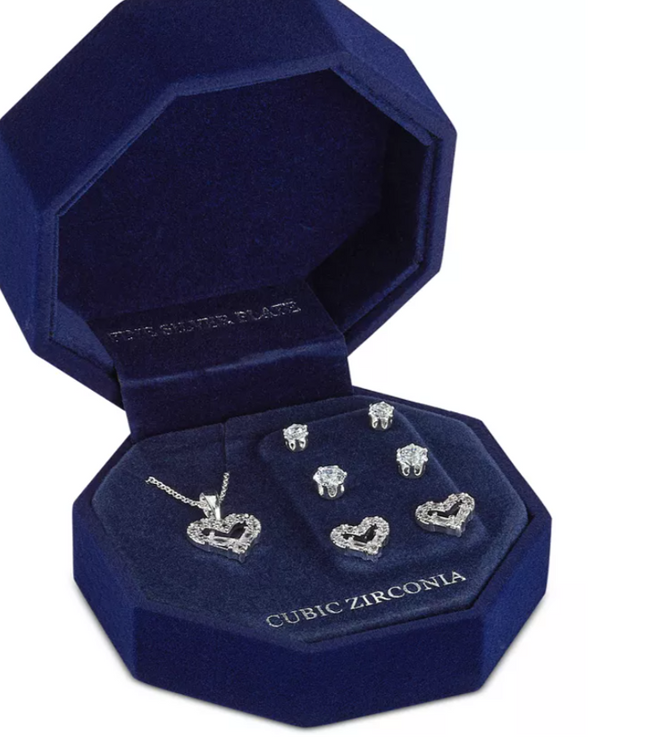 Macys Fine Silver Plate Cubic Zirconia Heart Necklace and Stud Earrings
