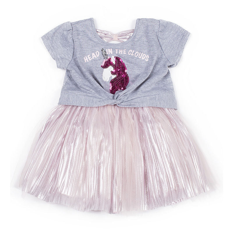 Girls Little Lass Short Sleeve Unicorn Dress Grey, Size 24 Months