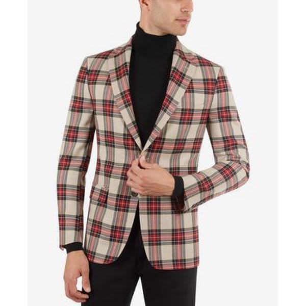 Tallia Mens Slim-Fit Cream and Red Tartan Sport Coat, Size 40Regular