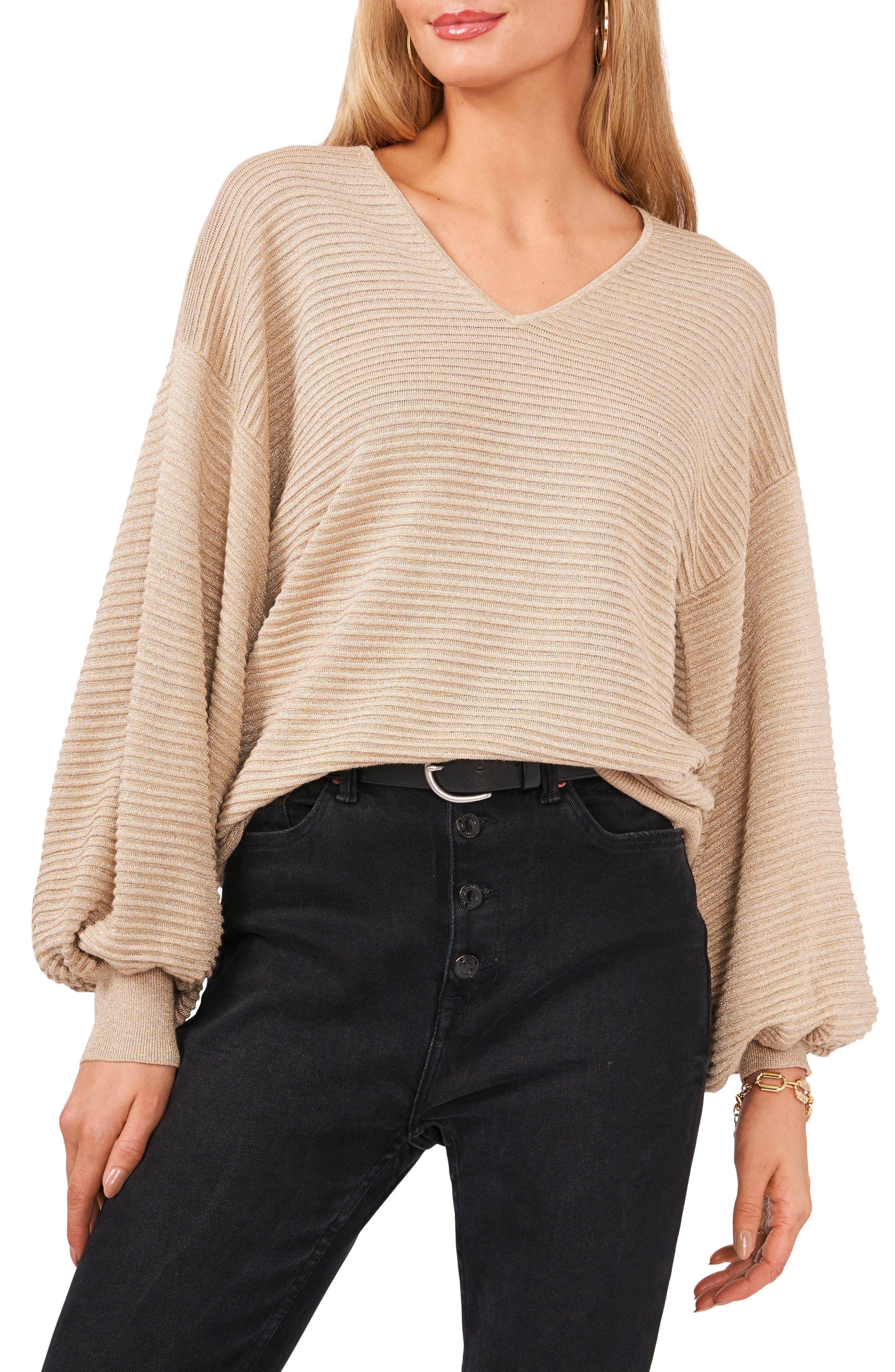 Vince Camuto Blouson-Sleeve V-Neck Sweater, Size XL