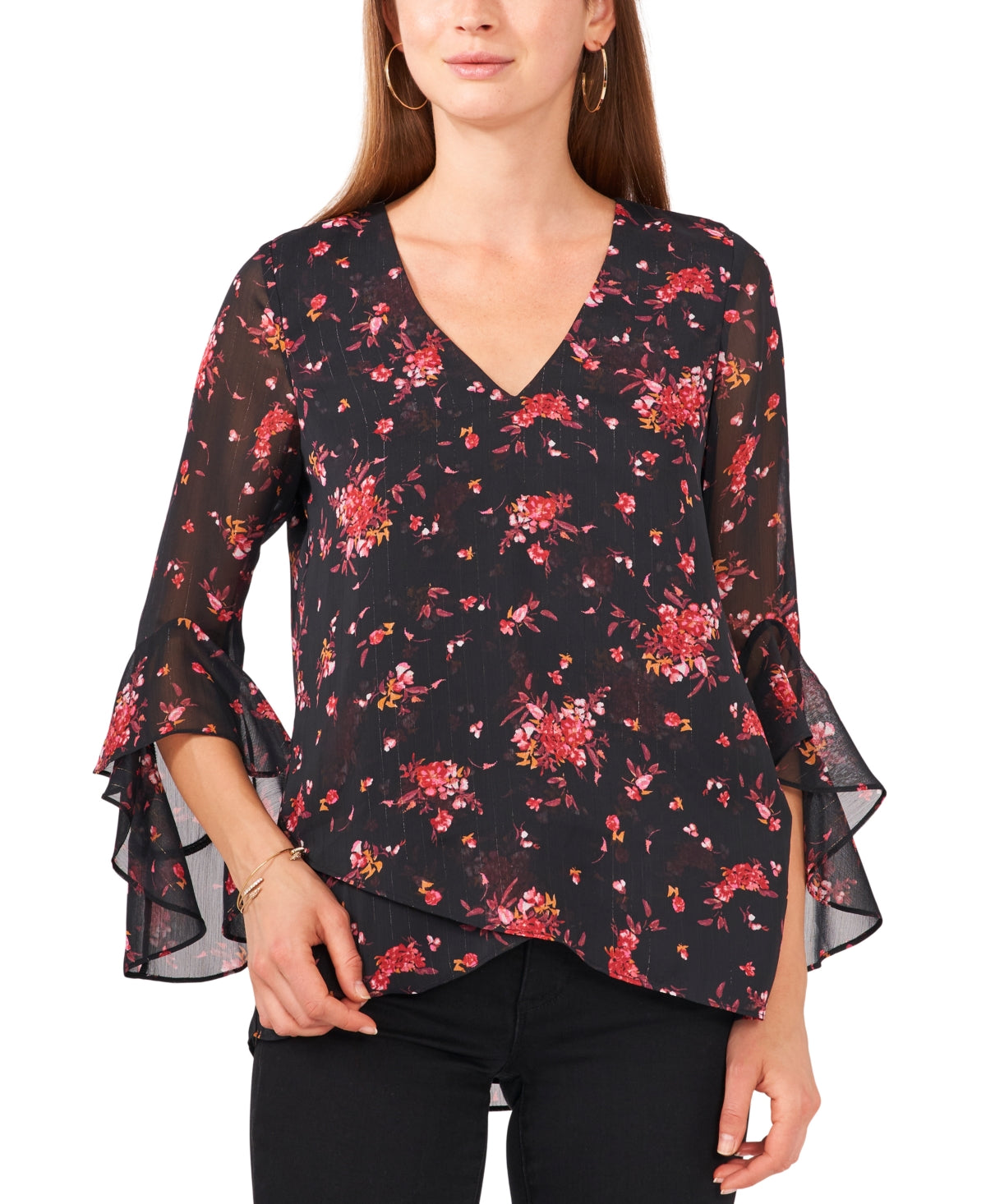 Vince Camuto Floral-Print Flutter-Sleeve Top, Size XS