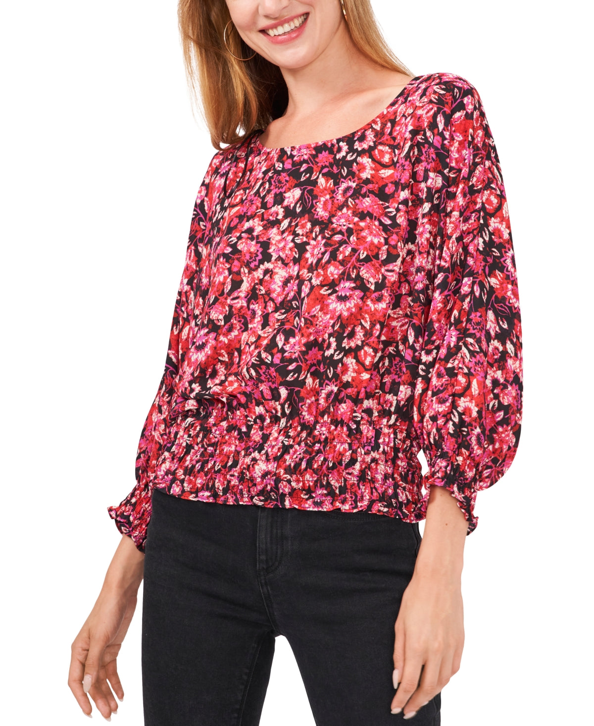 Vince Camuto Floral-Print Smocked Peasant Top