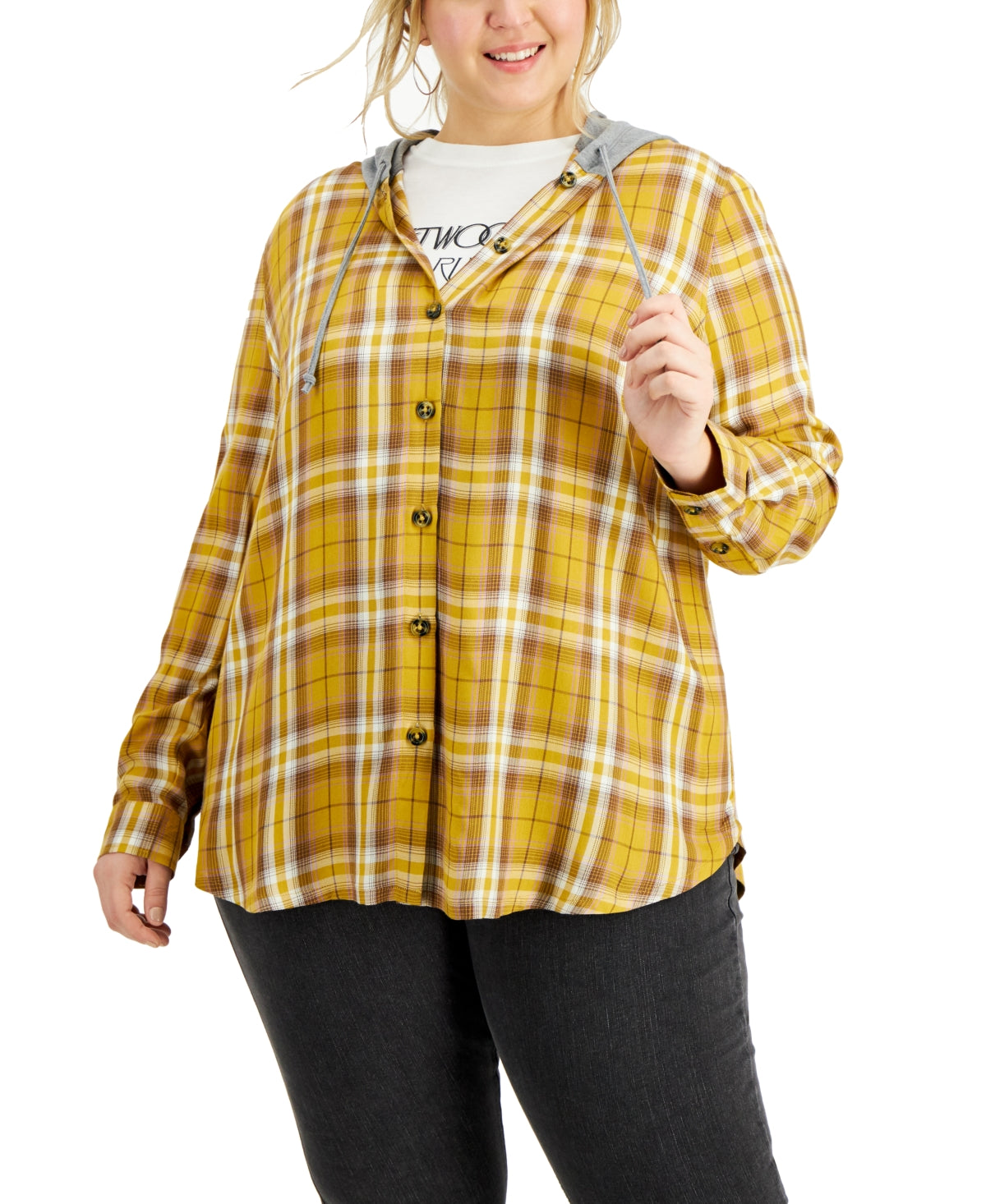 Love, Fire Trendy Plus Size Hooded Plaid Button-Front Shirt, Size 1X