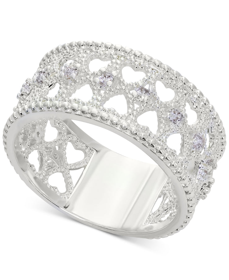 Charter Club Silver-Tone Pave Openwork Heart Ring, Size 10
