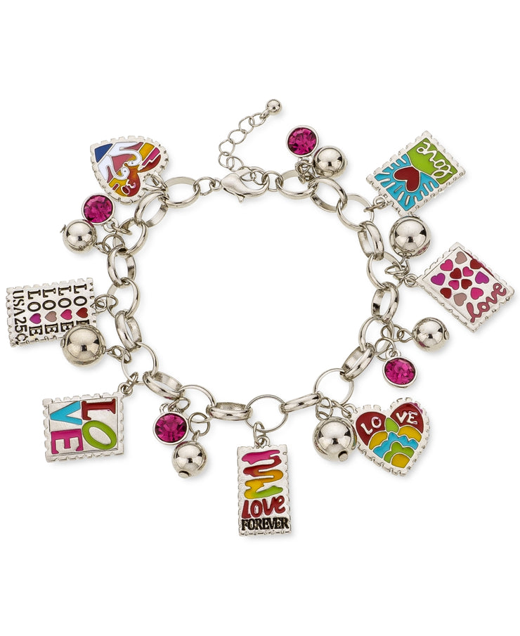 Holiday Lane Silver-Tone Crystal and Bead Love Stamp Charm Bracelet