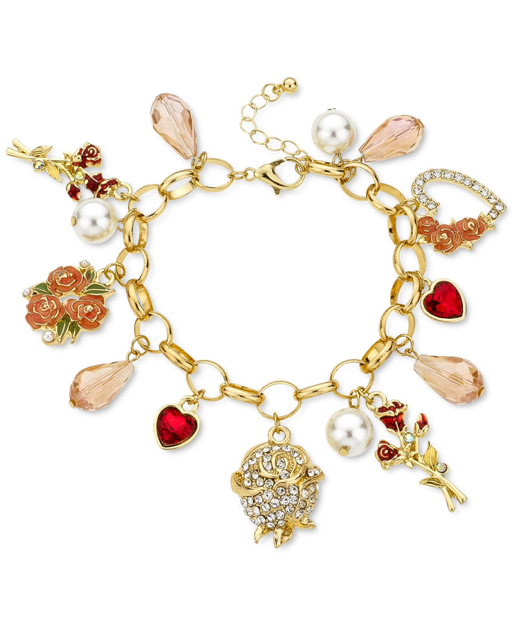 Holiday Lane Gold-Tone Multi-Stone Heart and Flower Charm Bracelet