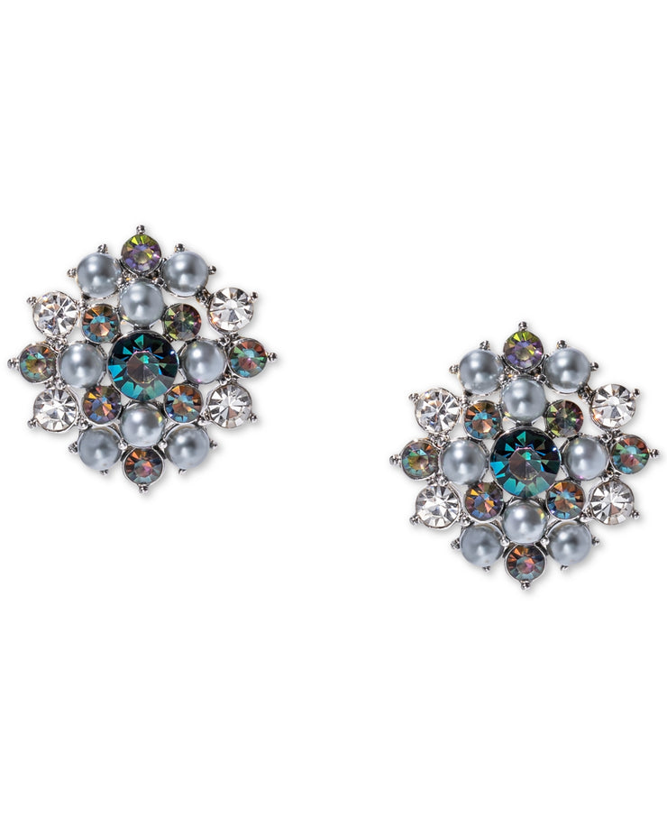 Charter Club Silver-Tone Crystal and Imitation Pearl Cluster Button Earrings