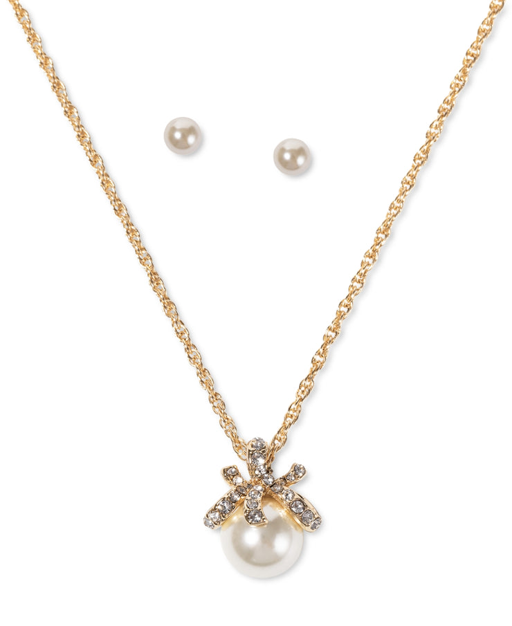 Charter Club Gold-Tone Pave & Imitation Pearl Pendant Necklace & Stud Earrings S