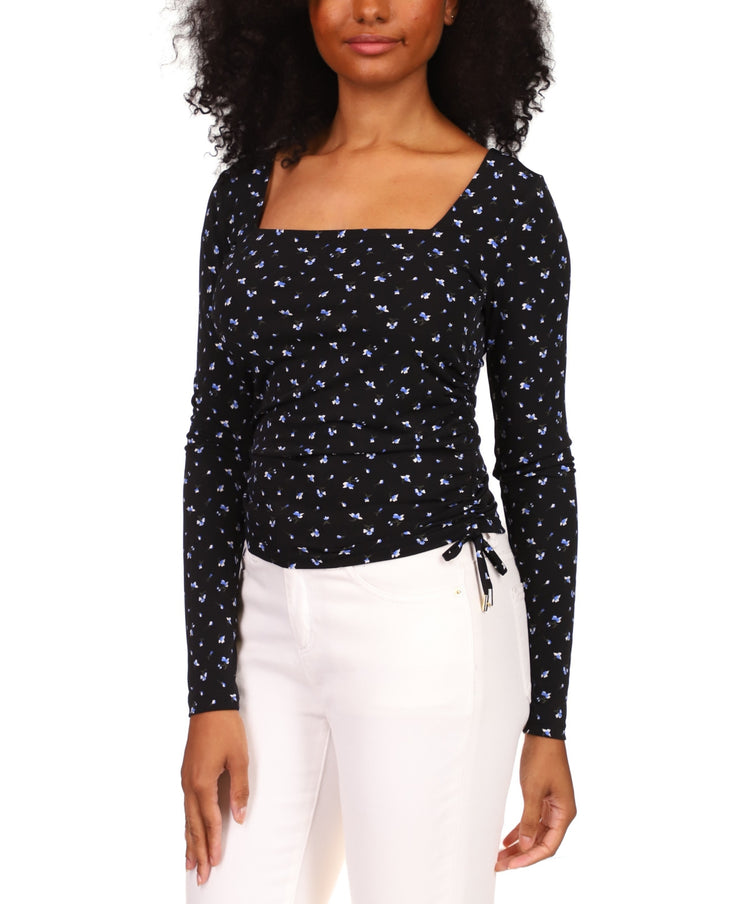 Michael Michael Kors Floral Square Neck Ruched Long Sleeve Top