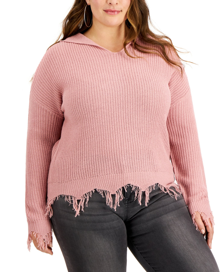 Full Circle Trends Trendy Plus Size Hooded Distressed Sweater