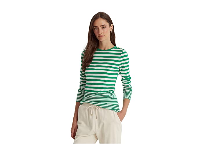 Lauren Ralph Lauren Striped Snap-Trim Long-Sleeve Top, Size Medium