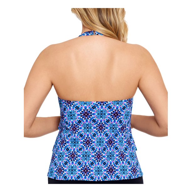 Swim Solutions Womens Blue Printed Non-Removable Cups Tankini Swimsuit Top 10