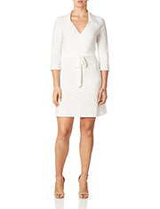 Star Vixen Women's 3/4 Sleeve Faux Wrap Dress With Collar, Ivory, Large