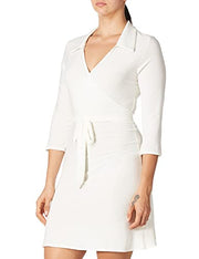 Star Vixen Women's 3/4 Sleeve Faux Wrap Dress With Collar, Ivory, Large