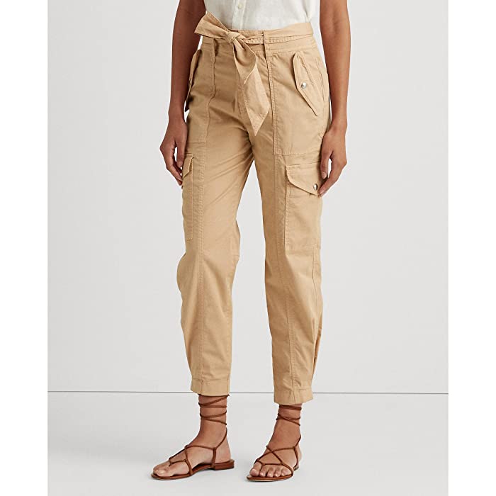 Ralph Lauren Womens Pants Micro-Sanded Twill Cargo Self Belt Bow Tan Cotton